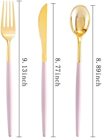 SUT 160Pcs Pink and Gold Plastic Silverware Set 1