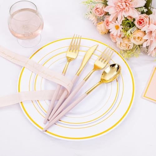 SUT 160Pcs Pink and Gold Plastic Silverware Set 1