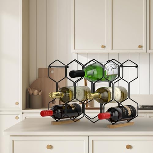 Buruis 6-Bottle Wine Rack Black 14-Bottle Wooden Base Black
