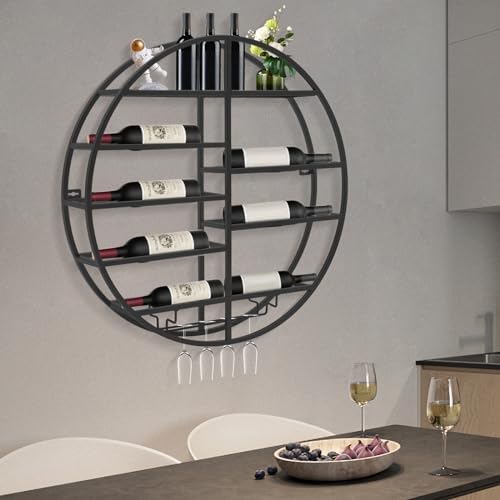 Wall Mounted Round Wine Rack with Glass Holder Black Iron