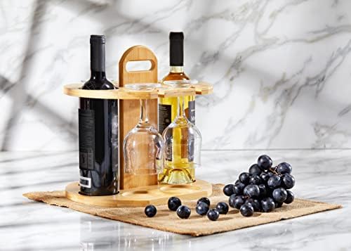 RoyalHouse Bamboo Wine Rack Holds 2 Bottles 4 Glasses
