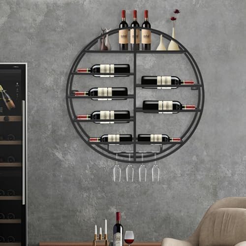 Wall Mounted Round Wine Rack with Glass Holder Black Iron