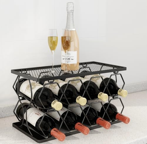 Generic LMingKun 6-8 Bottle Freestanding Wine Rack - Modern Black Metal 2 Tier
