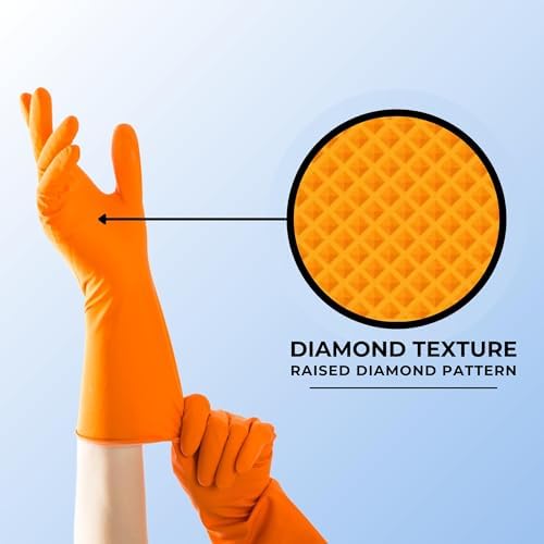 Orange 8 Mil Nitrile Gloves - Heavy Duty Latex Free Diamond Textured
