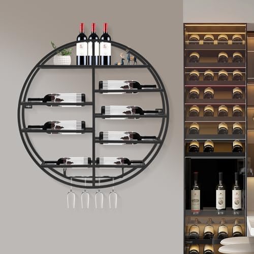 Wall Mounted Round Wine Rack with Glass Holder Black Iron