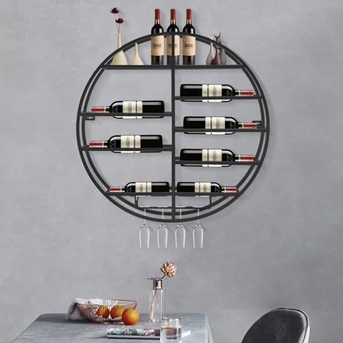 Wall Mounted Round Wine Rack with Glass Holder Black Iron