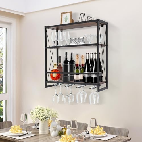 Gdrasuya10 Wall Mounted Wine Rack with 3-Tier Glass Holder
