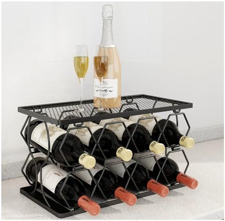 Generic LMingKun 6-8 Bottle Freestanding Wine Rack - Modern Black Metal 2 Tier