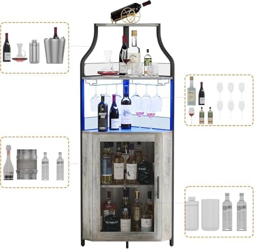 5-Tier Industrial Wine Cabinet with LED Light and Glass Holder