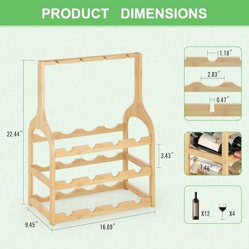 Bamboo Wine Rack Holds 12 Bottles and 4 Glasses