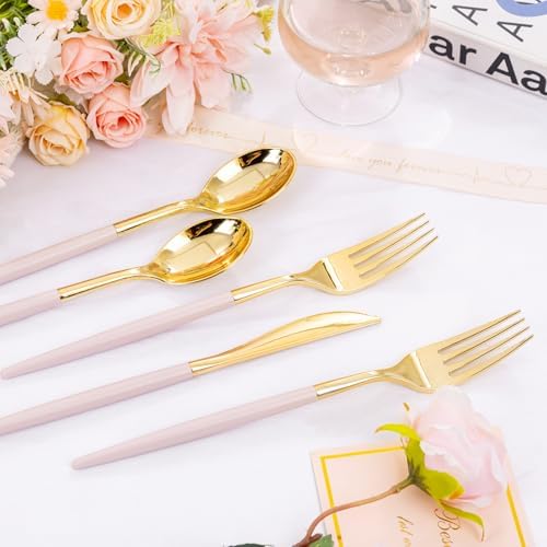 SUT 160Pcs Pink and Gold Plastic Silverware Set 1