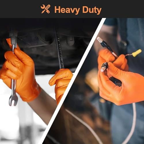 Orange 8 Mil Nitrile Gloves - Heavy Duty Latex Free Diamond Textured