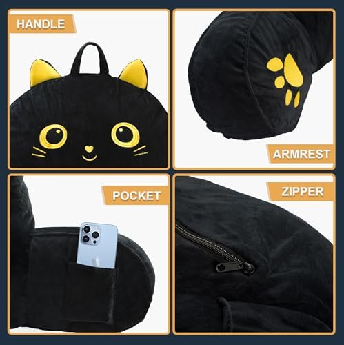 QCats Black Cat Reading Pillow with Armrests and Washable Cover