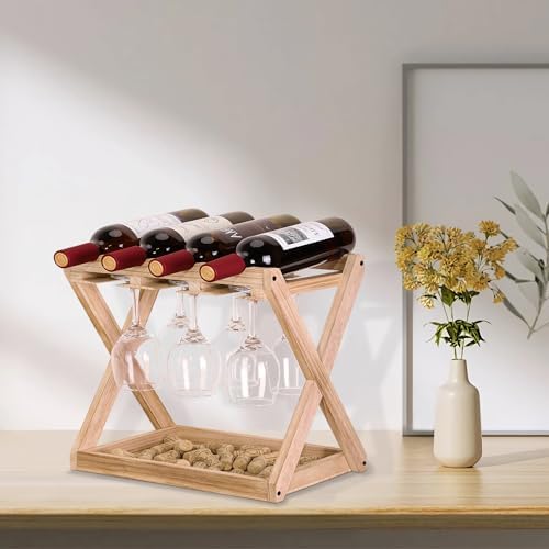 WDSHIYI Wine Rack 4 Bottles 6 Stemware Holder