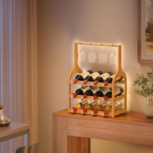 Bamboo Wine Rack Holds 12 Bottles and 4 Glasses