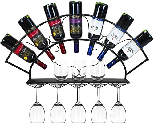 Sorbus Wall-Mounted Wine Rack with Glass Holder - Holds 7 Bottles and 5 Glasses Black