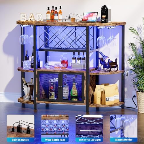 Hyomdeck Freestanding Wine Bar Cabinet with LED Lights and Power Outlets