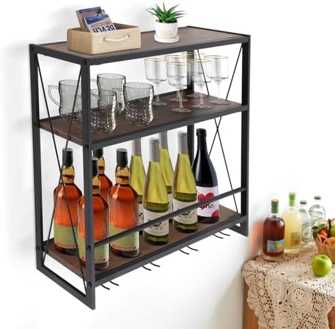 Gdrasuya10 Wall Mounted Wine Rack with 3-Tier Glass Holder