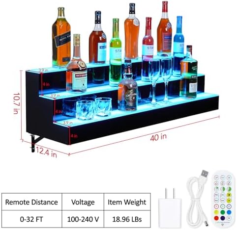 GarveeTech LED Lighted Liquor Display Shelf 3 Tier 40 Inch