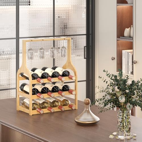 Bamboo Wine Rack Holds 12 Bottles and 4 Glasses