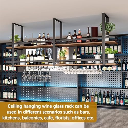 Hanging Wine Rack 2 Layer Metal Ceiling Glass Holder with Shelf and Display