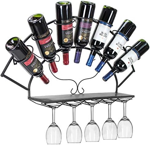 Sorbus Wall-Mounted Wine Rack with Glass Holder - Holds 7 Bottles and 5 Glasses Black