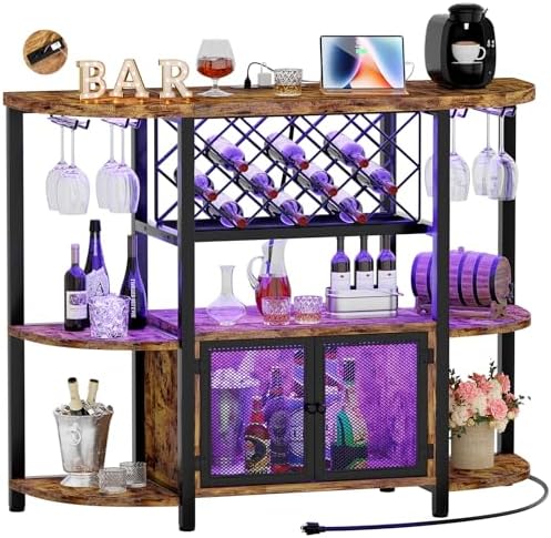 Hyomdeck Freestanding Wine Bar Cabinet with LED Lights and Power Outlets