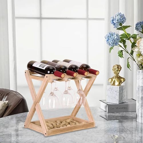 WDSHIYI Wine Rack 4 Bottles 6 Stemware Holder