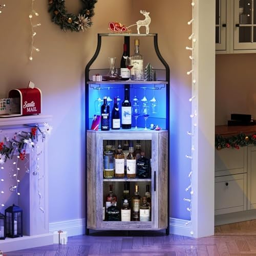 5-Tier Industrial Wine Cabinet with LED Light and Glass Holder
