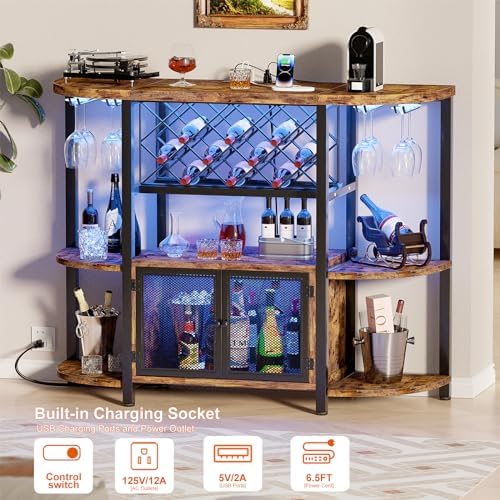 Hyomdeck Freestanding Wine Bar Cabinet with LED Lights and Power Outlets