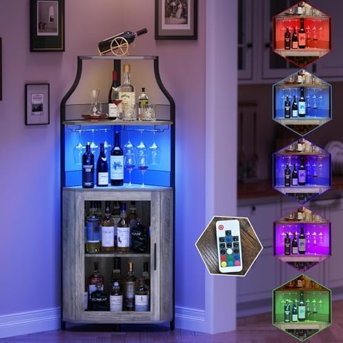 5-Tier Industrial Wine Cabinet with LED Light and Glass Holder