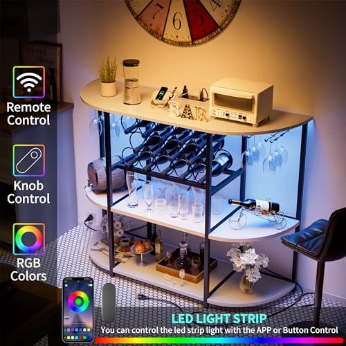 JUMMICO Wine Bar Cabinet with LED Light and Charging Station White