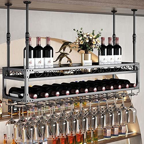 Adjustable Iron Wall-Mounted Wine Rack with Glass Holder
