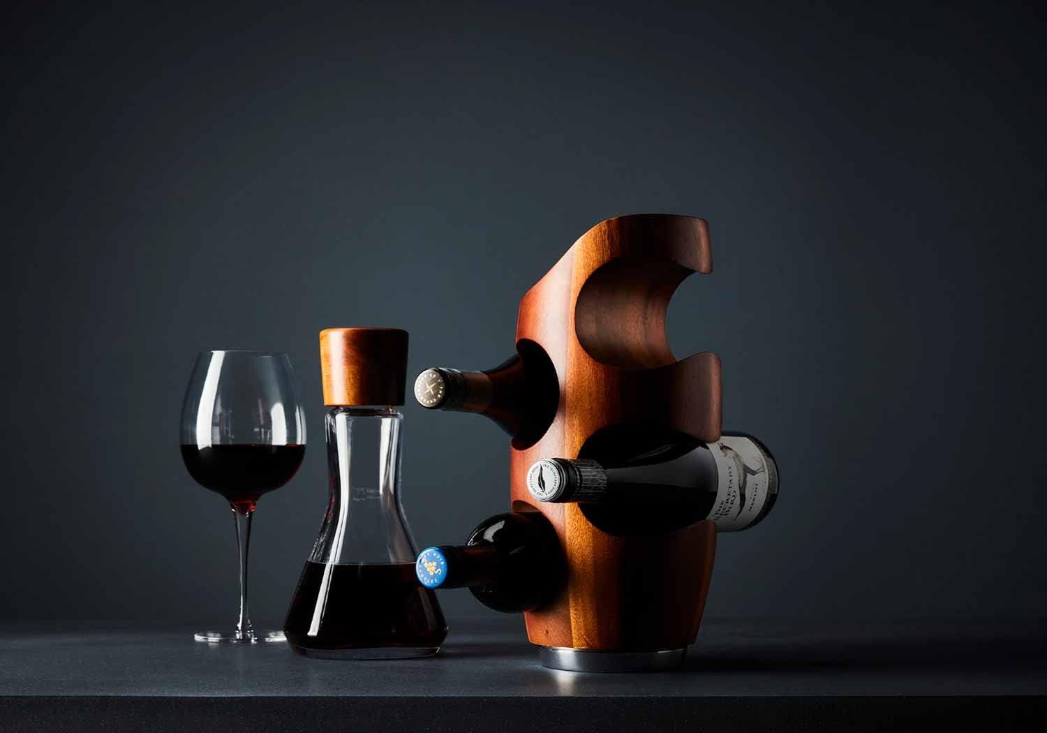 Nambe Vie 4-Bottle Wine Rack Acacia Wood Alloy Base