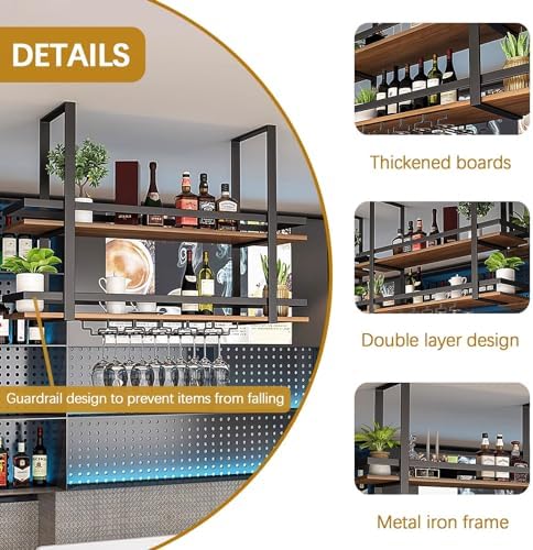 Hanging Wine Rack 2 Layer Metal Ceiling Glass Holder with Shelf and Display