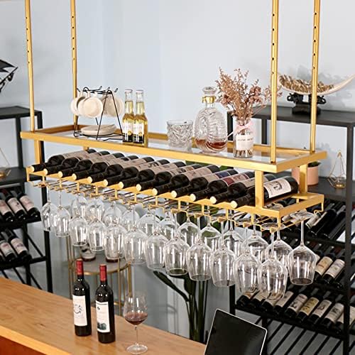 Adjustable Ceiling Wine Rack with Lights and Glass Holder