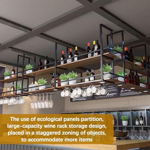 Hanging Wine Rack 2 Layer Metal Ceiling Glass Holder with Shelf and Display