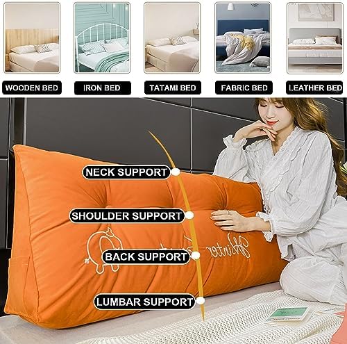 Wedge Headboard Pillow Large Triangular Cushion with Washable Cover and Removable Buttons - Orange