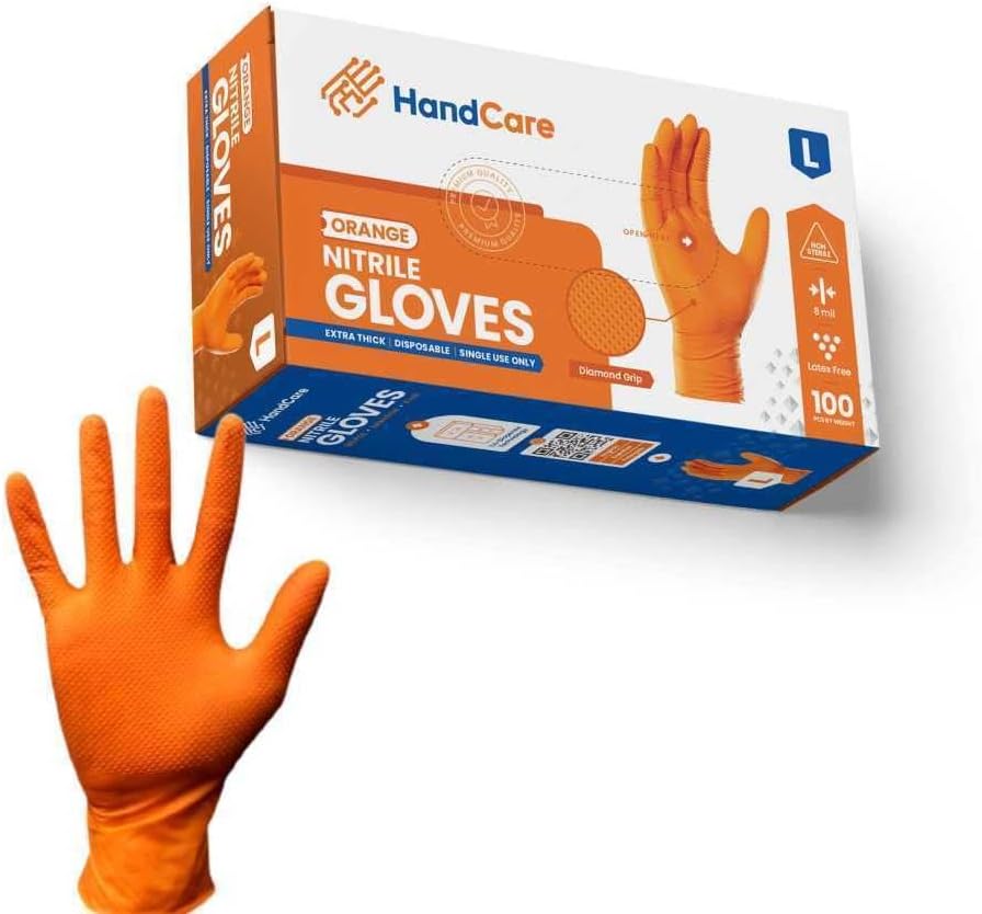 Orange 8 Mil Nitrile Gloves - Heavy Duty Latex Free Diamond Textured