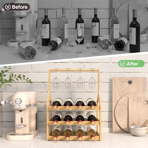 Bamboo Wine Rack Holds 12 Bottles and 4 Glasses