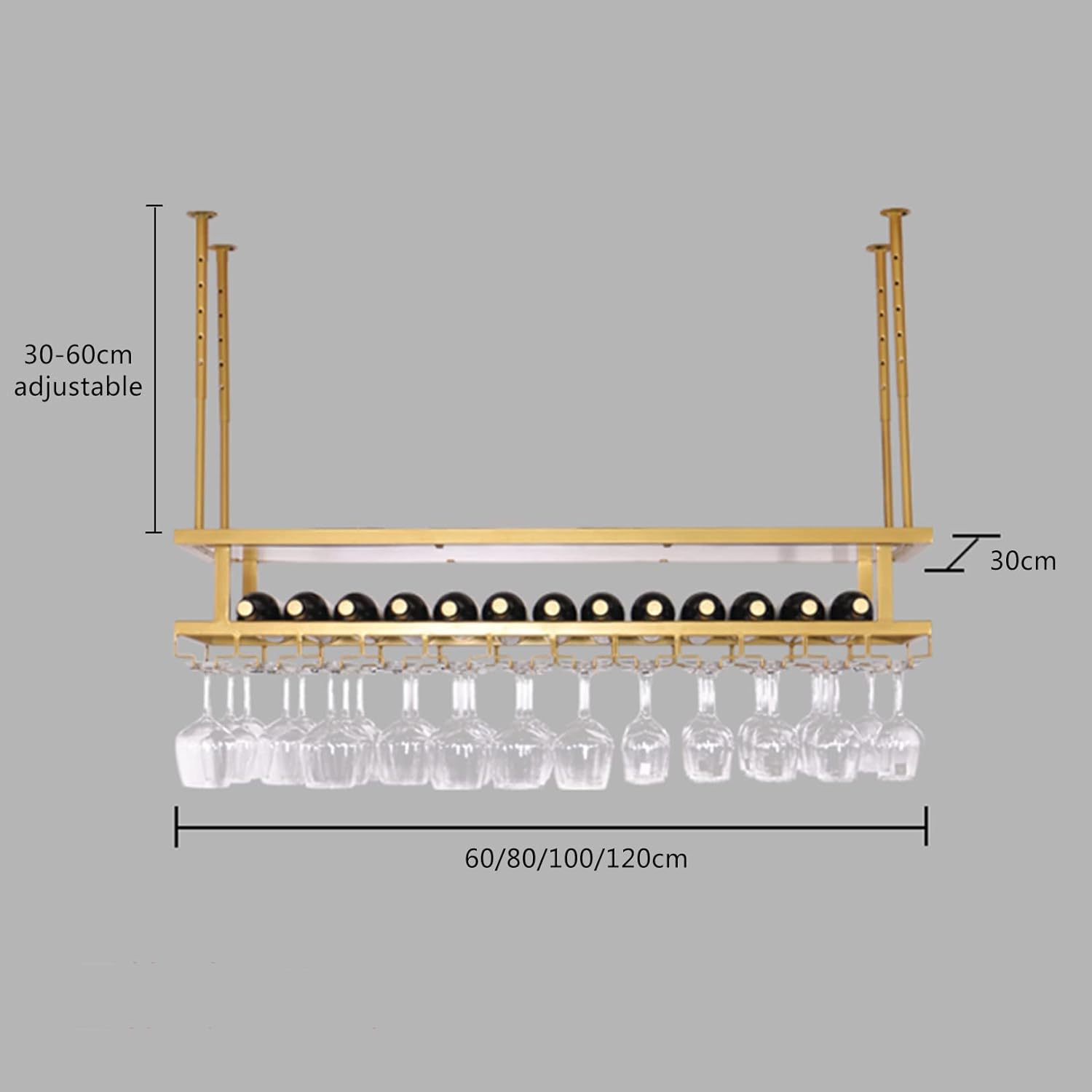 Adjustable Ceiling Wine Rack with Lights and Glass Holder
