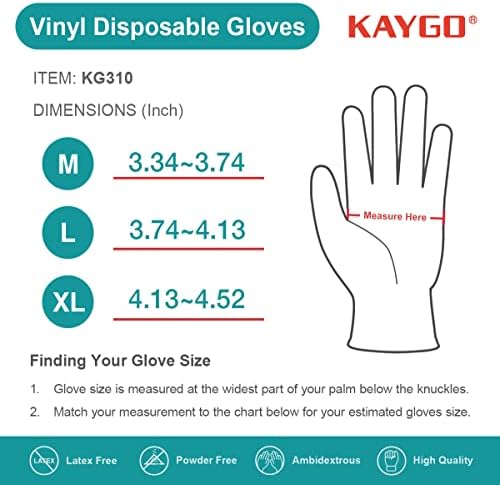 KAYGO Disposable Vinyl Gloves 3 Mil Clear Powder Free Latex Free