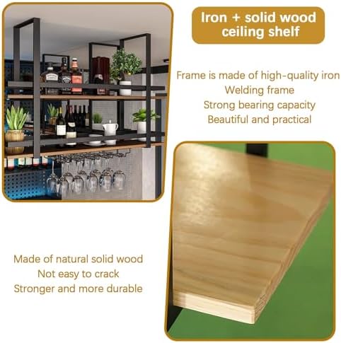 Hanging Wine Rack 2 Layer Metal Ceiling Glass Holder with Shelf and Display
