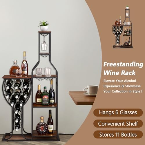 MATONELL 11-Bottle Freestanding Wine Rack with 5 Tier and Glass Holder