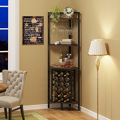 LITTLE TREE Corner Wine Rack with Glass Holder Brown