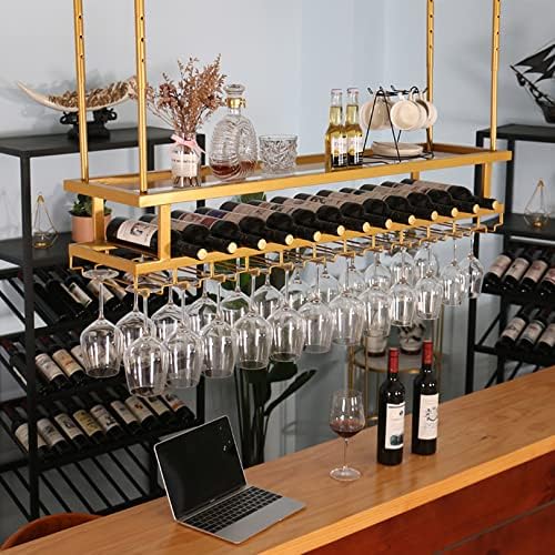 Adjustable Ceiling Wine Rack with Lights and Glass Holder