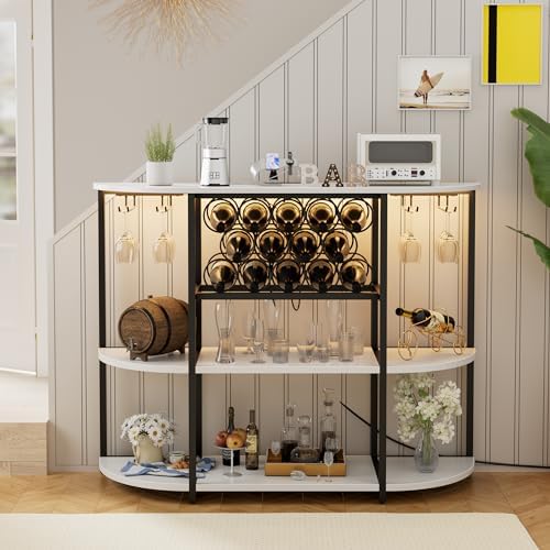 JUMMICO Wine Bar Cabinet with LED Light and Charging Station White