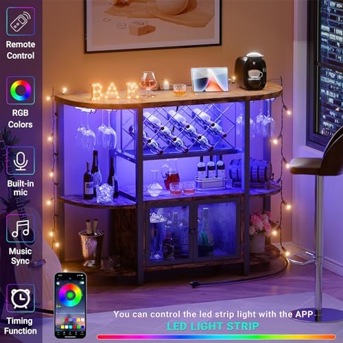Hyomdeck Freestanding Wine Bar Cabinet with LED Lights and Power Outlets