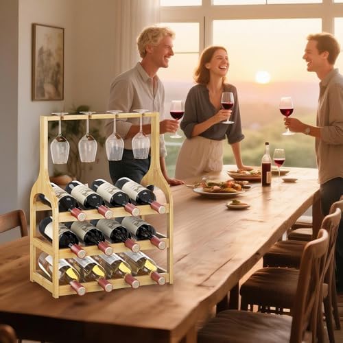 Bamboo Wine Rack Holds 12 Bottles and 4 Glasses