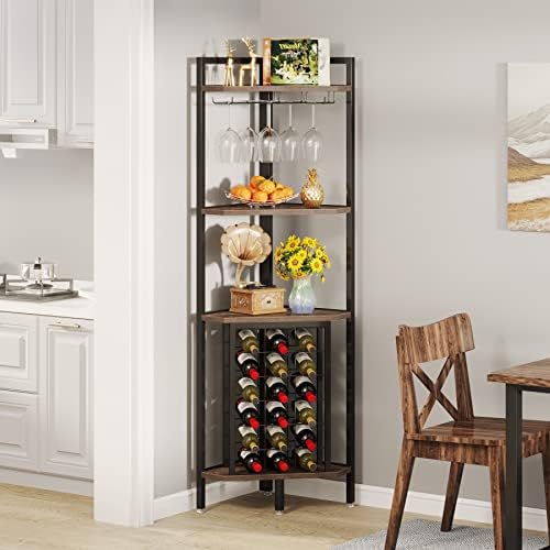 LITTLE TREE Corner Wine Rack with Glass Holder Brown